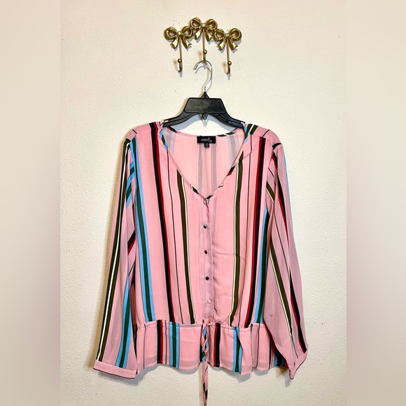 Mod /X Tops - Striped Button-Up Blouse with Tie Waist in dusty rose and stripes.  Size 2X